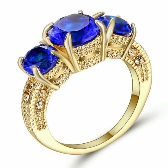 Round Blue Sapphires Yellow Rhodium Plated Ring - Picture 2 of 2